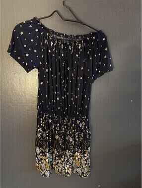 C-Mode Women's Navy and Cream Floral Off-Shoulder Short Sleeve Romper